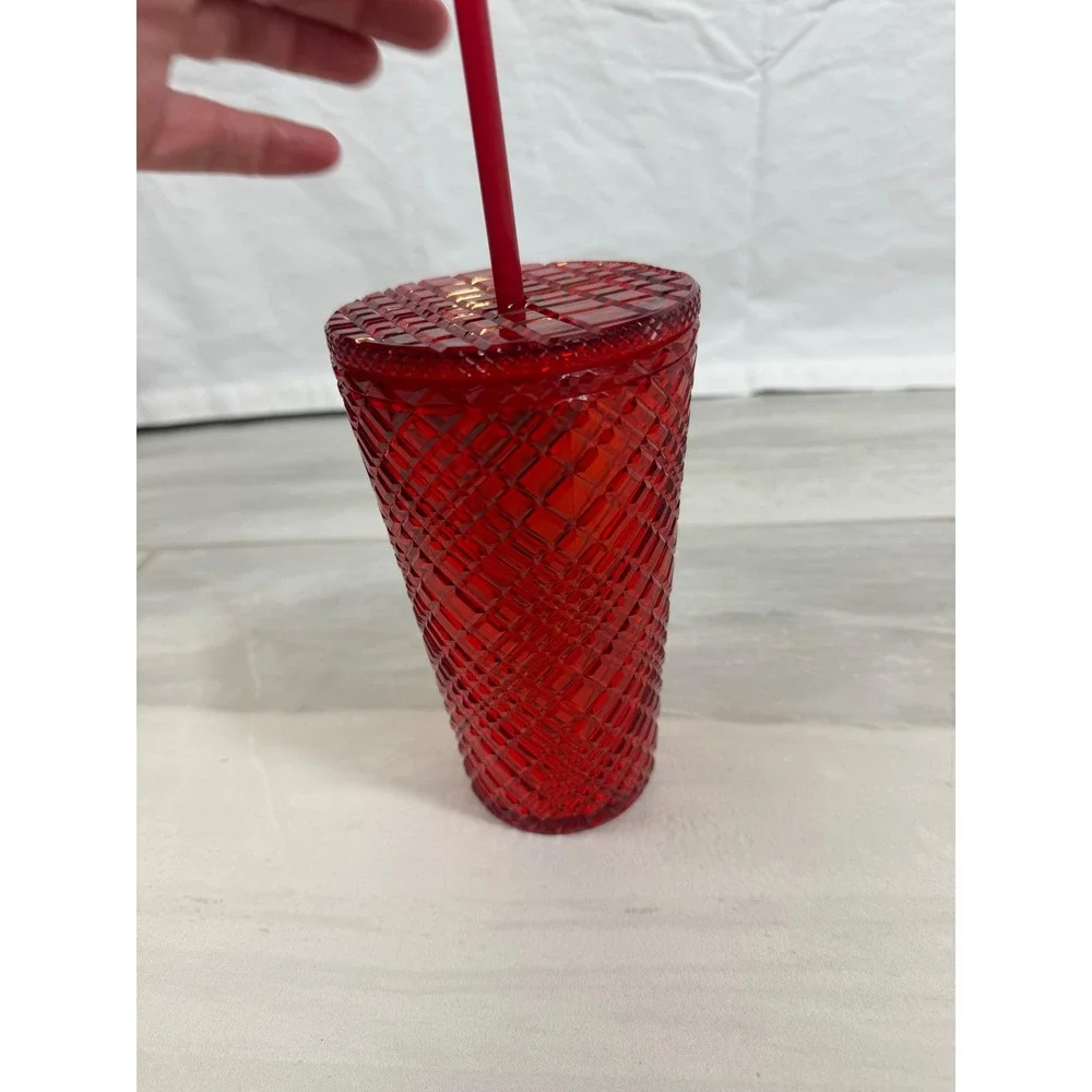Starbucks Red Grid Studded Cold Cup Tumbler 16oz Iced Coffee Cup with Straw 2021